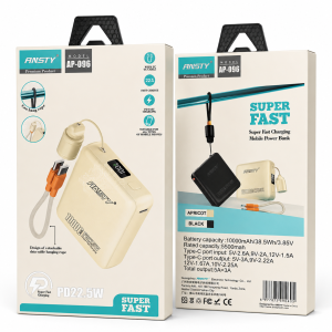 סוללת גיבוי ANSTY AP-096 בנפח 10,000mAh עם טעינה מהירה PD 22.5W וכבל מובנה