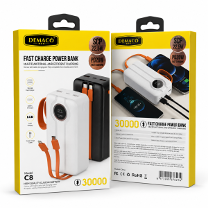 סוללת גיבוי DEMACO C8 בנפח 30,000mAh עם טעינה מהירה 22.5W וכבלים מובנים